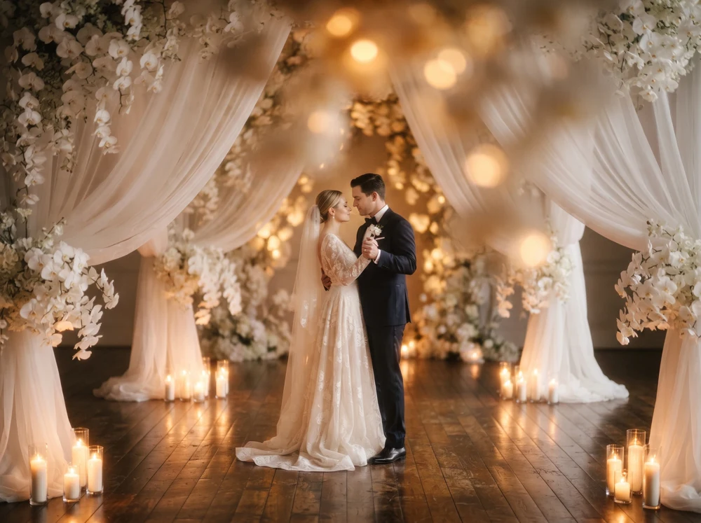 A candlelit wedding celebration surrounded by flowers