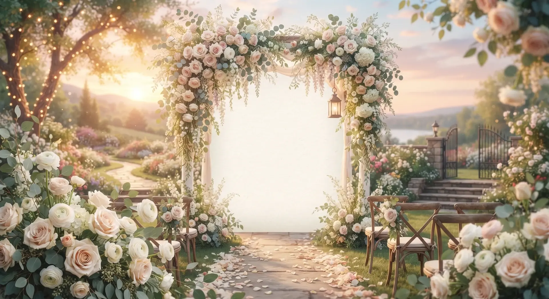 A romantic garden filled with flowers and soft evening light